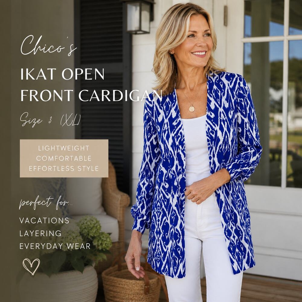 Chicos Cardigan Size 3 / XL Blue White Ikat Open Front Coastal Grandma Resort